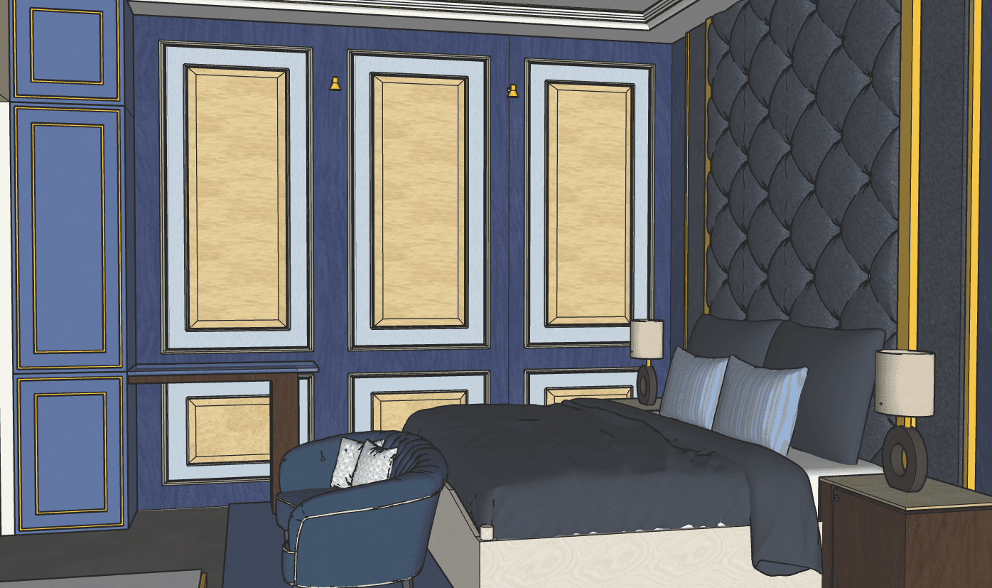 Classic Navy & Gold Bedroom — SketchUp + DWG