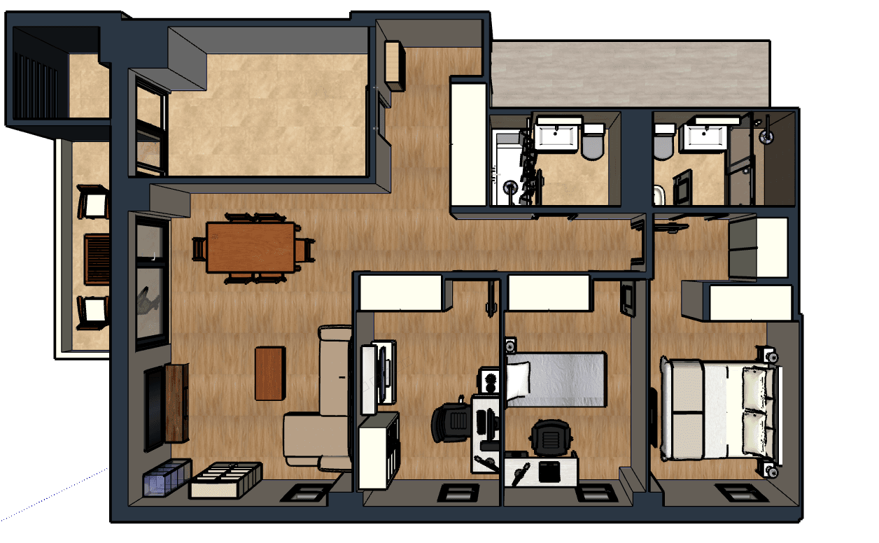 Family Apartment with Balcony — SketchUp + DWG