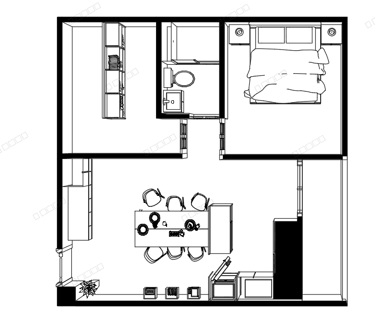 Studio Apartment with Separate Bedroom — SketchUp + DWG