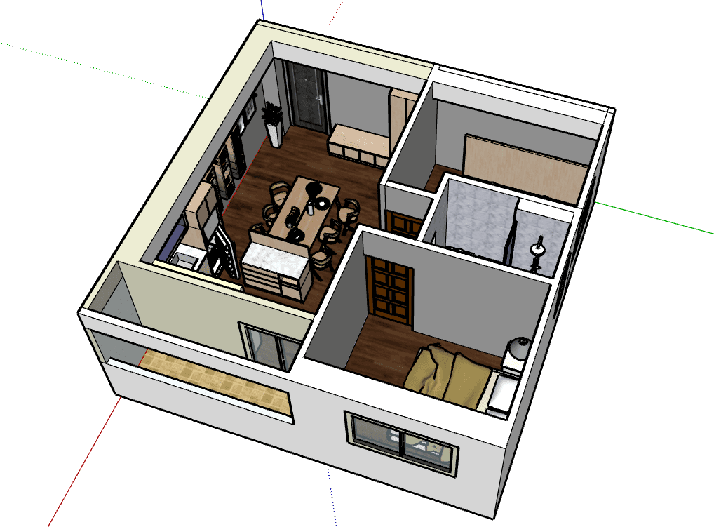 Studio Apartment with Separate Bedroom — SketchUp + DWG