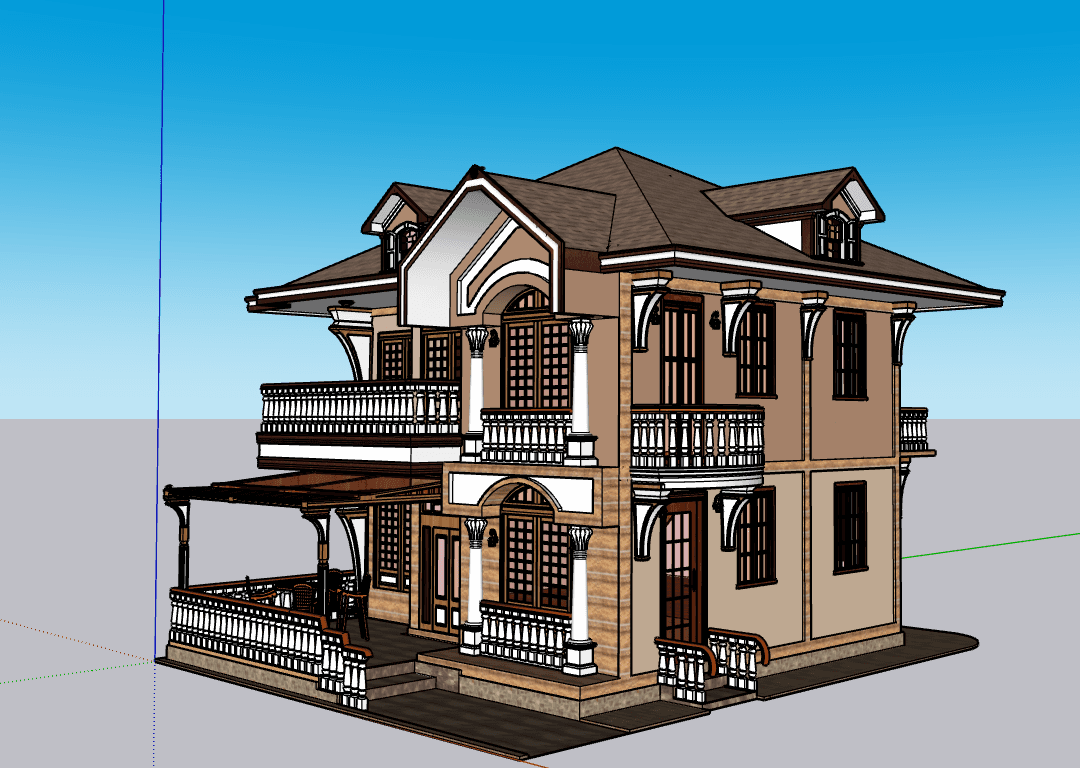 Classic Two-Storey Villa with Terrace — SketchUp + DWG
