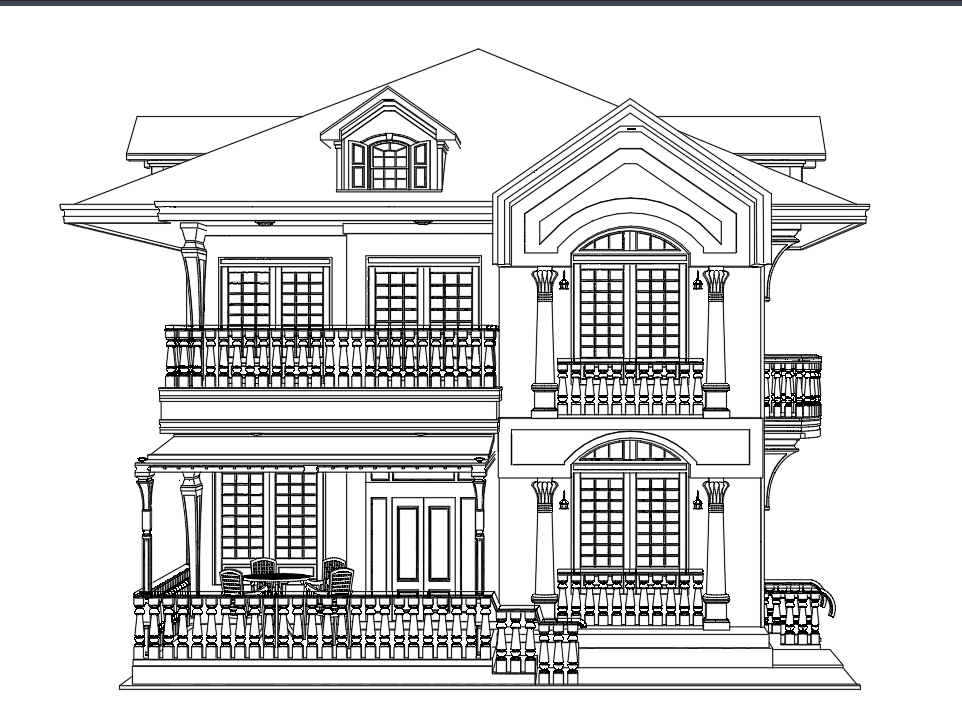 Classic Two-Storey Villa with Terrace — SketchUp + DWG