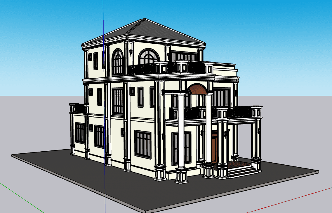 Neoclassical Villa with Column Portico — SketchUp + DWG