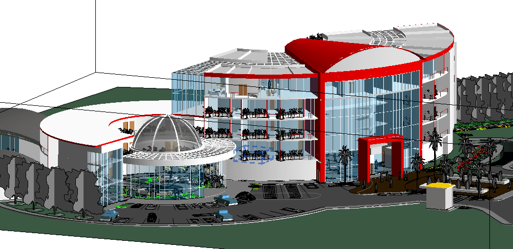 Modern Curved Hotel with Glass Atrium — Revit Model