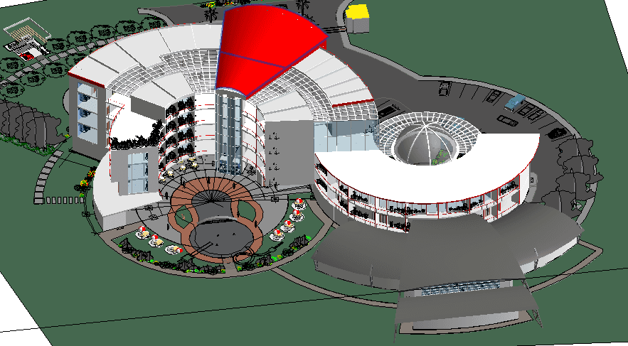 Modern Curved Hotel with Glass Atrium — Revit Model